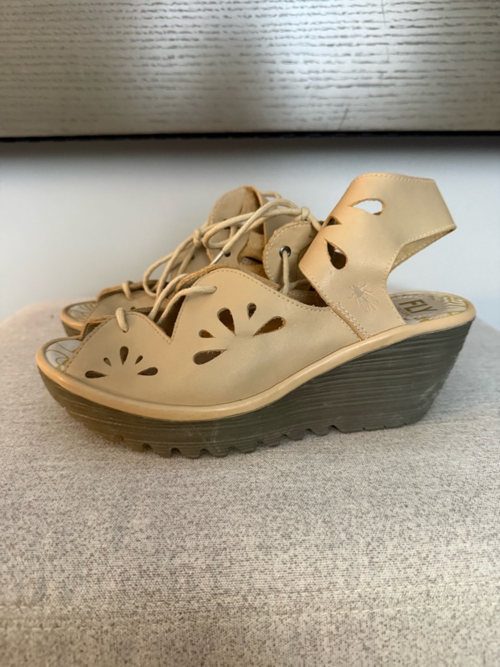 Fly London Yote Beige Lace Cutout wedge Sandals Size 39 / 8-8.5